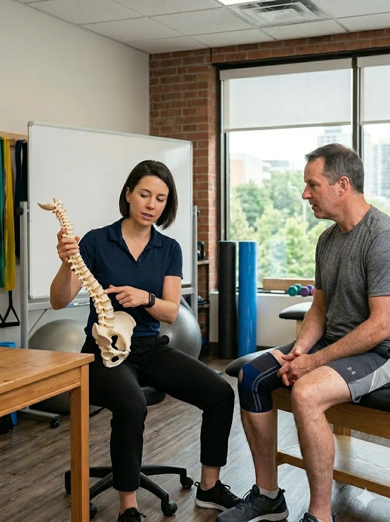 Clinician explaining a treatment plan to a patient using a spine model